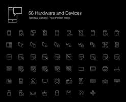 Hardware Teléfono móvil Dispositivos de computadora Píxeles Iconos perfectos (estilo de línea) Edición de sombra. vector