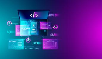 Desarrollo web, diseño de aplicaciones, codificación y programación en concepto de computadora portátil y teléfono inteligente con lenguaje de programación y código de programa y diseño en vector de pantalla.