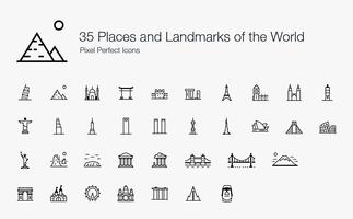 35 Lugares y lugares emblemáticos del mundo Iconos perfectos de píxeles (estilo de línea).