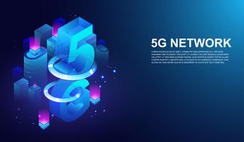 Sistema inalámbrico de la red 5G, 5ta telecomunicación de Internet en vector elegante del concepto de la ciudad.