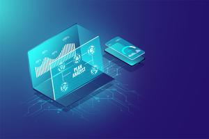 Business analysis system isometric design concept, management marketing, researching information for business. Vector illustration.