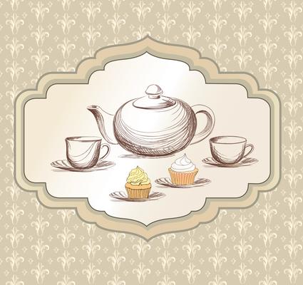 Tea cup, kettle retro card. Tea time vintage background. Hot drinks