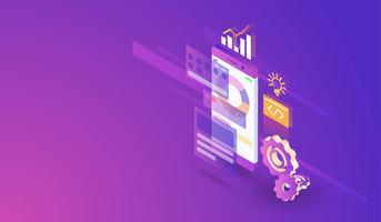Mobile Application Development process modern isometric design, mobile app and interface build vector. vector