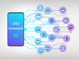 El vector del teléfono móvil conectado con cosas y lo controla, Internet del fondo abstracto de las cosas.