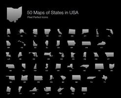 Los 50 íconos perfectos de píxeles del mapa de los estados de EE. UU. (Filled Style Shadow Edition). vector