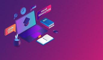 Vector Online Education with laptop Concept, e-learning, online training course, Isometric design. 