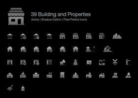 39 Edificios y propiedades Pixel Perfect Icons (Filled Style Shadow Edition). vector