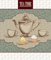 Tea cup, kettle retro card. Tea time vintage background. Hot drinks vector