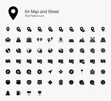 64 iconos perfectos de mapas y píxeles de calles (estilo relleno). vector