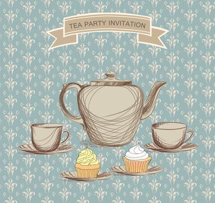 Tea cup, kettle retro card. Tea time vintage background. Hot drinks