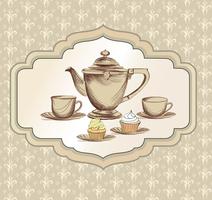 Tea cup, kettle retro card. Tea time vintage background. Hot drinks