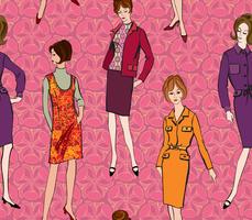 Vintage dressed girl 1960's style. Retro fashion party seamless pattern. vector