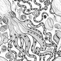Octopus, seashell seamless pattern. Marine life background vector