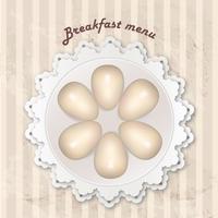 Breakfast menu with cooked eggs over seamless retro pattern.