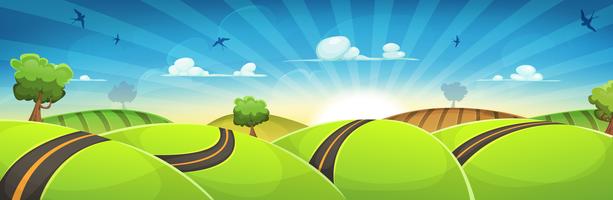 Spring Rounded Landscape With Road And Rising Sun vector