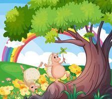 Two wild animals near the tree with flowers vector