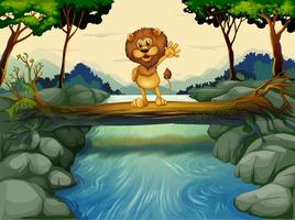 Un león parado en el tronco sobre el río que fluye vector