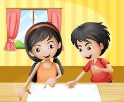 A boy and a girl discussing with an empty signage at the table vector