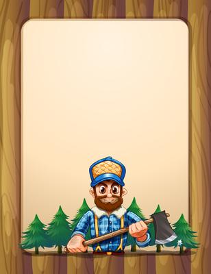 An empty wooden frame border with a lumberjack in front of the pine trees