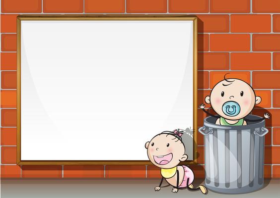 Babies near the wall with an empty signboard