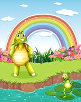 Una tortuga y una rana en el estanque con un arco iris en el cielo vector