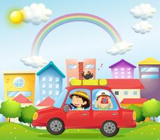 A mother and child in a car with a bird vector