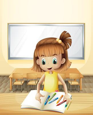 A girl inside the classroom with her books and crayons