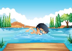 A boy practicing near the diving board vector