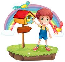 A young boy and the wooden pethouse and signboard vector