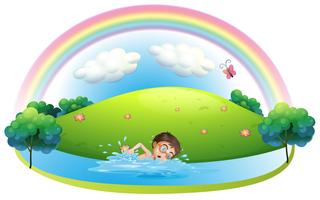 A boy swimming in the river near the hill vector