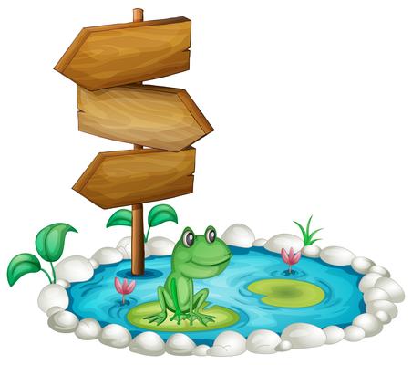 Frog and wooden sign at the pond