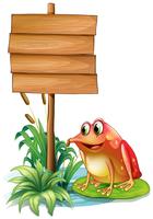 A frog above a waterlily beside a wooden signboard vector