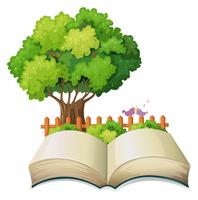 Un libro abierto vacío y un árbol con una cerca. vector