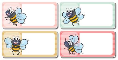 Diseño de etiquetas con abejas volando. vector