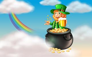 A man inside a pot of gold with a mug of cold beer vector