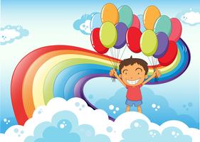 Un niño con globos de pie cerca del arco iris. vector