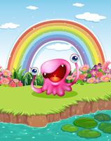 A monster at the pond with a rainbow in the sky vector