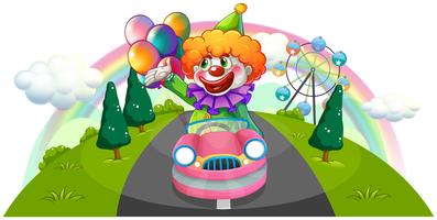 Un payaso feliz montado en un carro rosa. vector