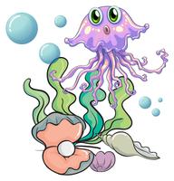 A squid under the sea with seashells vector