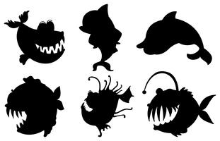 Six silhouettes of fishes with big fangs vector