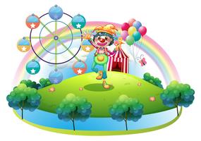 A clown with a flower in an island with a carnival