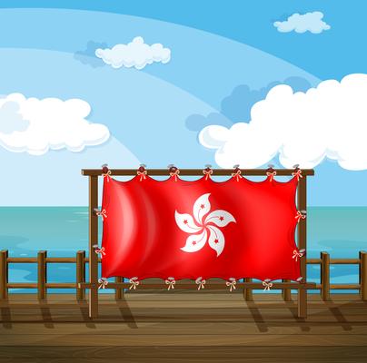 A wooden frame at the bridge with the flag of Hong Kong