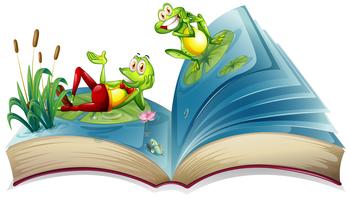 Open book with two frogs in the pond vector