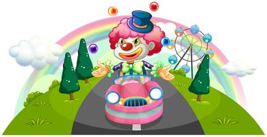 A clown riding in a pink car while juggling vector