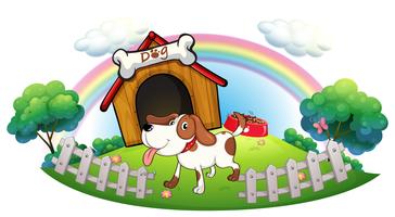 A doghouse inside the fence with a puppy vector