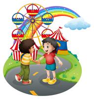 Boys handshaking in front of the carnival vector
