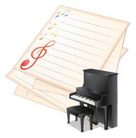 Un papel vacío con notas musicales al lado de un piano. vector