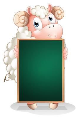 A shy sheep holding an empty blackboard