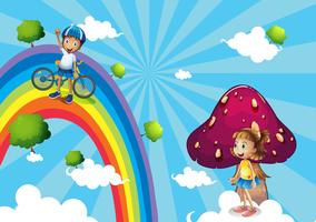 Un niño en bicicleta en el arco iris. vector