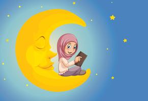 A muslim girl reading on the moon vector